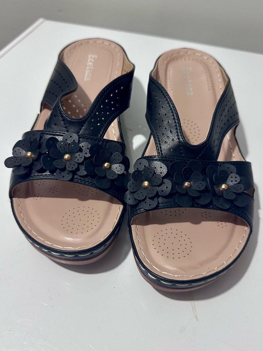 Ecetana Black Floral Leather Slide Sandals Size EU42